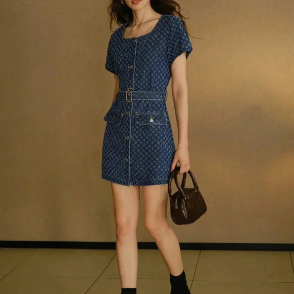 Blue Women's Flap Detail Buckle Belted Swiss Dot Denim Dress - Picture 5 of 8